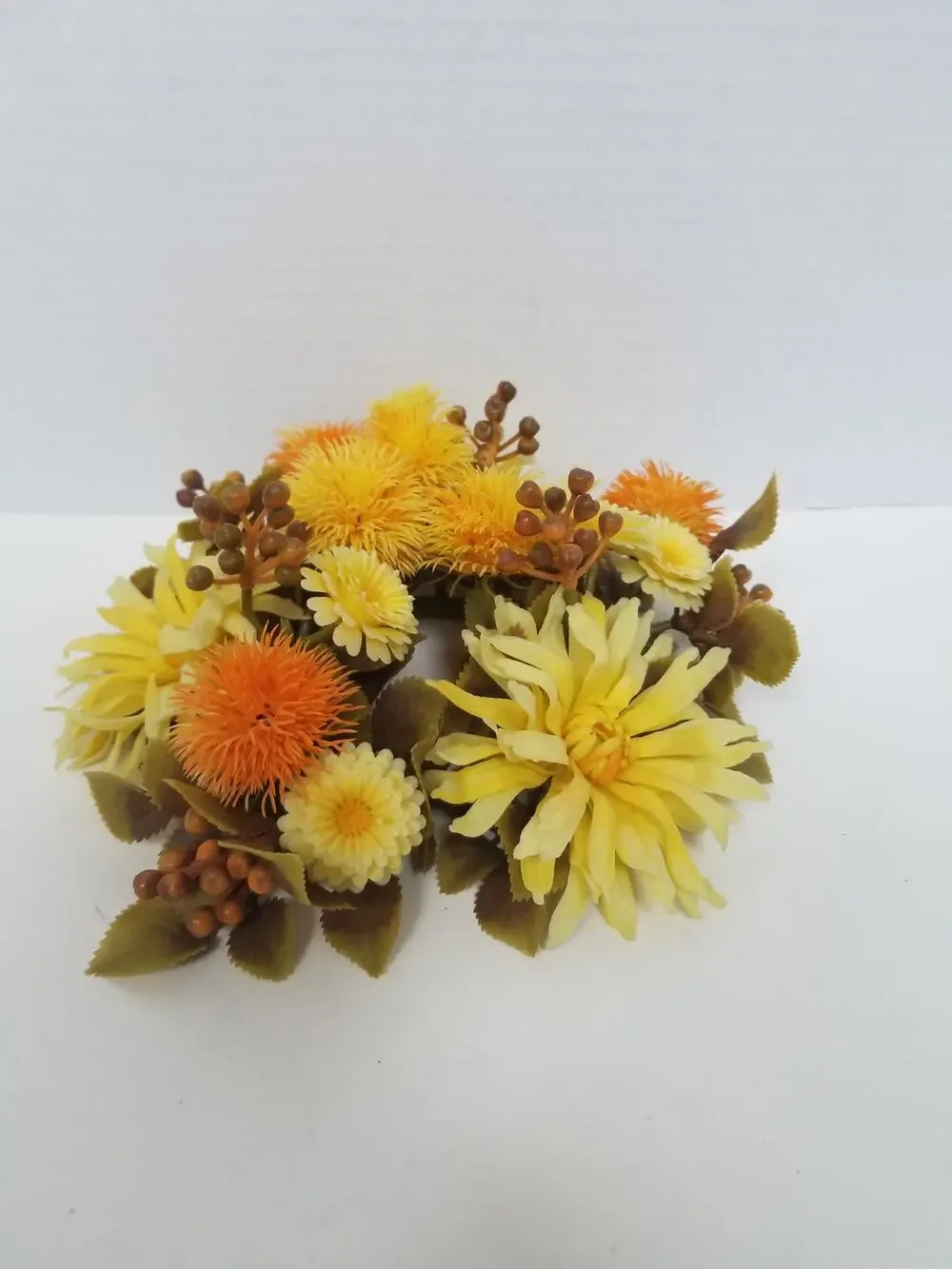 Vintage 70s Yellow and Orange Floral Plastic Candle Ring Summer Autumn 8in